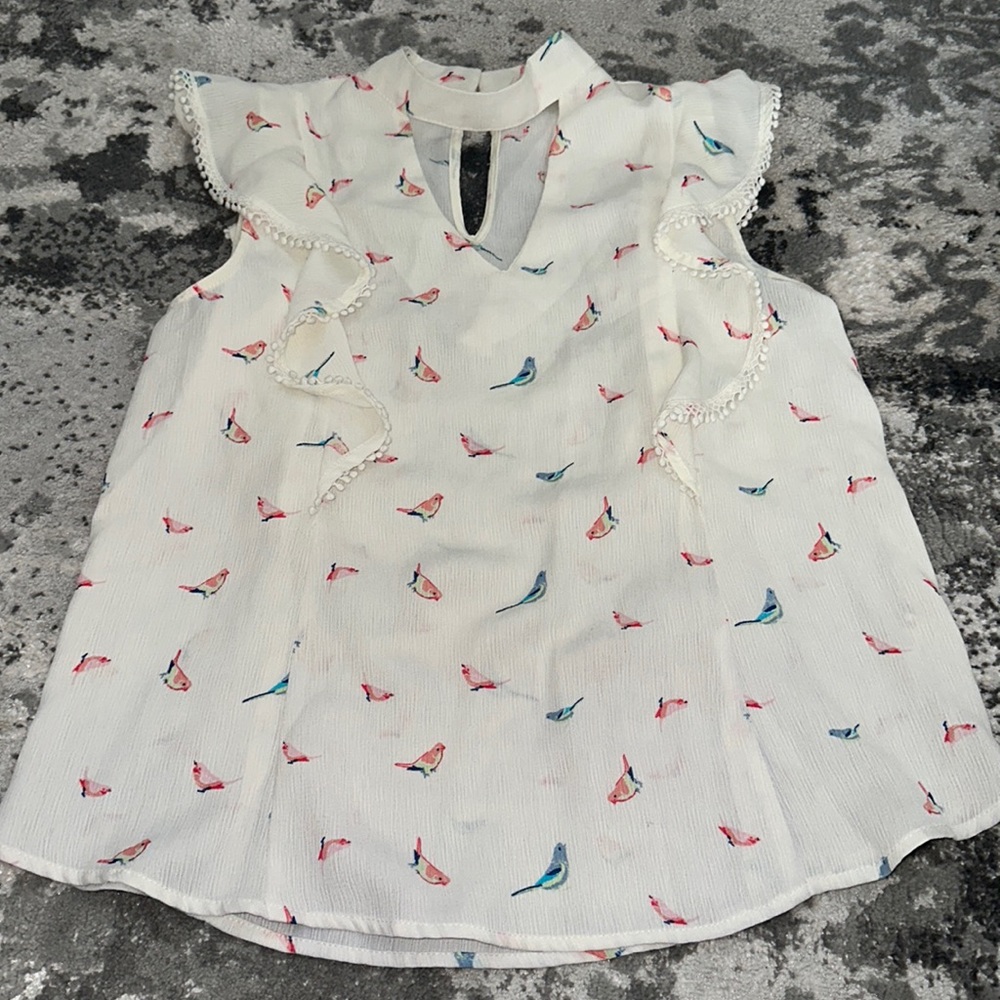 White Ruffled Top with Bird Print